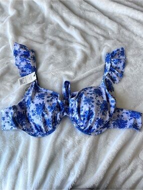 Blue Floral Ruffle Strap Women's Bikini Top, size DDD